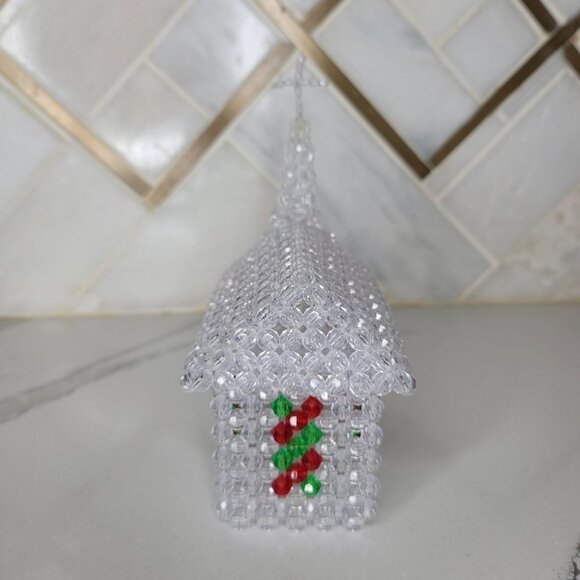 Handcrafted Beaded Church With Cross Clear Red & Green Beads sparkle table decor - Picture 2 of 9